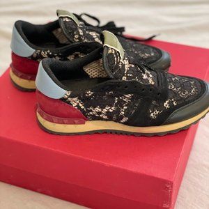 Valentino Black Rockstud Accents Lace Pattern